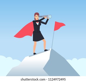 Businesswoman stands on top of mountain and looks into spyglass. Choose business direction, achievement, planning concept. Flat design vector illustration