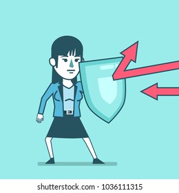 Businesswoman stands with shield and covers from outside dangers. Insurance, financial security, protection from crisis concept. Simple style vector illustration