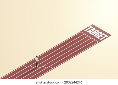 Businesswoman stands at the start, looking at the target of competing business or starting a career for business opportunities and challenges. Vector illustration.