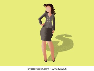 businesswoman stands in a suit casting a shadow in the form of a dollar sign