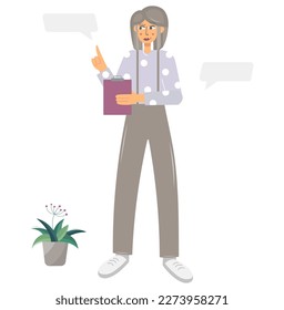 A businesswoman stands with a tablet in her hands. Serious girl while working in the office or at home. Flat vector isolated illustration of a modern office worker on a white background.