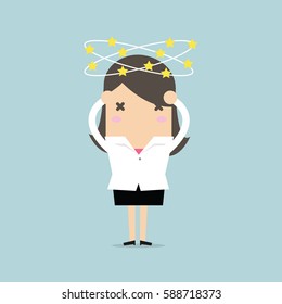 Businesswoman With Stars Spinning Around His Head. Vector