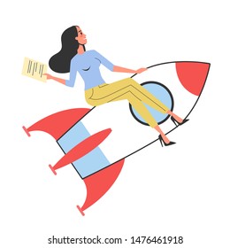 Businesswoman start a new project. Idea of startup, rocket as metaphor of new business. Personal growth and success. Vector illustration in cartoon style