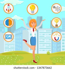 Businesswoman with Startup Idea Flat Illustration. Female Worker Cartoon Character. Entrepreneur Found Problem Solution. Corporate Creativity. Flat Color Business Symbols in Round Frames