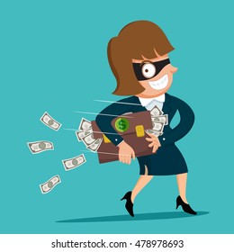 Businesswoman steal money briefcase full of money, vector illustration cartoon