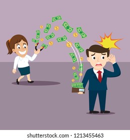Businesswoman stealing money from wallet with magnet, illustration vector cartoon