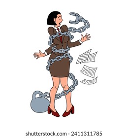 A businesswoman in a steel chain. The concept of financial problems. Color vector illustration with black contour lines isolated on a white background in a cartoon style.