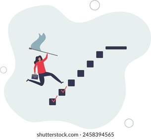 businesswoman step on checklist to progress to target.flat vector illustration.