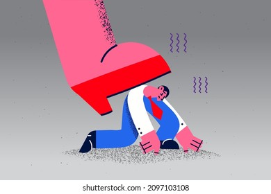 Businesswoman step on stressed weak male employee or colleague show leadership in company. Woman boss feminist demonstrate power over man worker. Feminism in business. Vector illustration. 