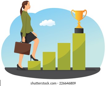 Businesswoman is stepping on a chart bar toward a gold trophy cup