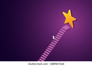 Businesswoman Steps To Success Or Outstanding Employee Position Reward And Motivation Concepts. Businesswoman Stepped Upsteps To Star. Isometric Vector Illustration.