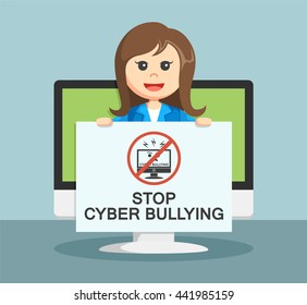  Businesswoman With Stop Cyber Bullying Sign, Shown To All People