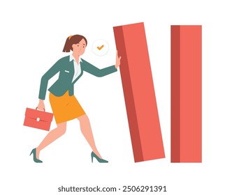 Businesswoman stop domino block falling prevent crisis, economic bankruptcy problems concept illustration