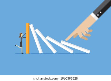 Businesswoman stop the domino effect, Vector illustration in flat style