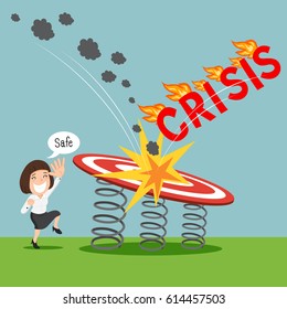 Businesswoman stopping the crisis with shooting fire burning, vector illustration cartoon