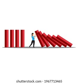 Businesswoman stopping domino effect crisis management chain reaction finance intervention conflict prevention concept horizontal full length vector illustration