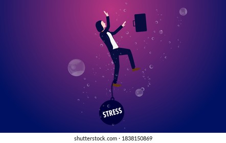 Businesswoman Stress - Woman Sinking And Drowning Under Water, Dragged Down From Ball On Chain. Stressful Life Concept. Vector Illustration.