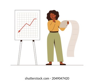 Businesswoman stressful looks at the falling down red graph. Economical recession or financial crash on the stock market. Investor or entrepreneur suffers losses. Vector illustration