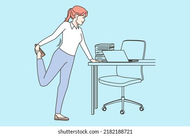 Businesswoman stretching at desk table at office. Female employee do sports or workout at workplace. Healthy active lifestyle. Vector illustration. 