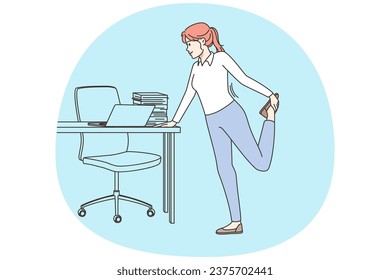 Businesswoman stretching at desk table at office. Female employee do sports or workout at workplace. Healthy active lifestyle. Vector illustration.