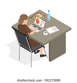 Businesswoman in strict brown dress works at table on which laptop with diagrams, book on business, documents and cup of coffee on white background. Isolated vector illustration of work process.