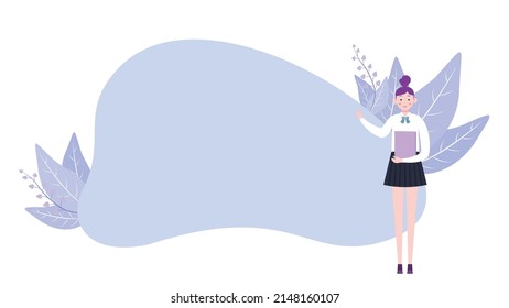 Businesswoman or student holding a book points to the  blank board. Business or education vector illustration background.