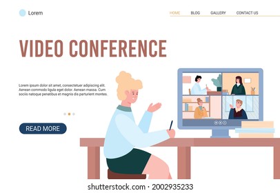 Businesswoman or student participate in online video conference via internet technology. Virtual communication with colleagues or meeting in chat with teachers. Design for web.