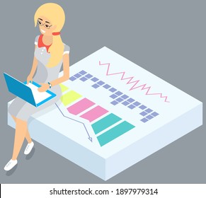 Businesswoman studying financial plan, diagram, looking business presentation. Data on whiteboard, girl holding laptop with information. Speaker with analysis and statistics on business development