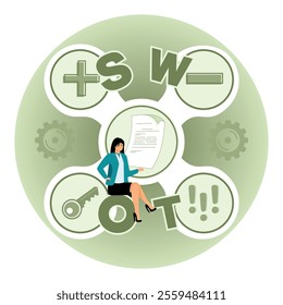 Businesswoman studying a SWOT diagram symbolized by gears and keys. Conceptual emphasizes analysis, strategy, and decision making in a goal oriented professional setting. 