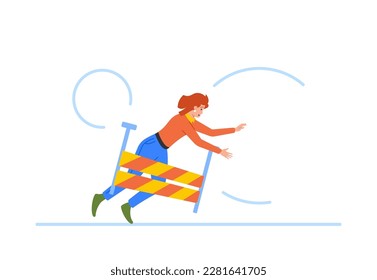 Businesswoman Stumbles Over Obstacle During Race, Struggling To Regain Balance. Female Character Overcome Challenges