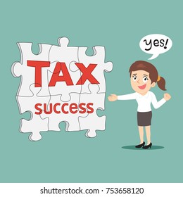 Businesswoman success puzzles tax together, illustration vector cartoon
