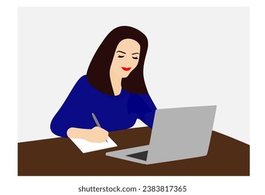 Businesswoman, successful entrepreneur using computer and writing notes while sitting at workplace in office. Colorful illustration portrait business woman working on pc laptop. Woman studying.
