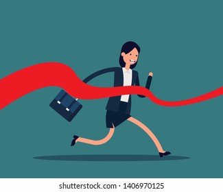 Businesswoman successfully finished. Vector illustration Victory concept, Competition, Cartoon character in a flat style