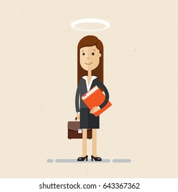 Businesswoman in suit, with briefcase and book in hands. Woman with nimbus as the best employee . Vector, illustration, flat