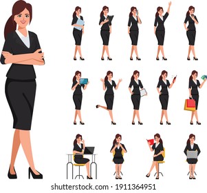 Businesswoman in suit clothes with job routine character pose.