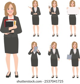 Businesswoman in suit clothes working character pose set. illustration vector premium design. Cartoon animated character.