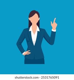 Businesswoman in a suit confidently points at an unseen object, showcasing professionalism and authority in her stanceisolated flat vector illustration