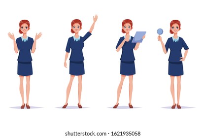 Businesswoman in suit doing job routine. Character of woman office worker.