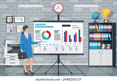 Businesswoman in suit giving presentation with projector screen. TV screen with financial report and lecturer. Training staff, meeting, report, business school. Vector illustration in flat style