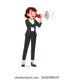 Businesswoman in suit holding megaphone makes an announcement in cartoon illustration