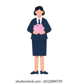 A businesswoman in a suit holding a pink piggy bank, symbolizing savings and finance.