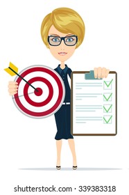 Businesswoman in a suit holds a dart board and agreed document
