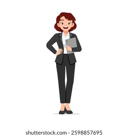 Businesswoman in Suit Holds Tablet Smiling with Hand on Hip in Full Length Isolated
