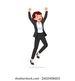 Businesswoman in Suit Jumping with Joy and Celebrating Achievement with Arms Raised and Smiling