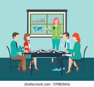 Businesswoman in suit making presentation explaining charts on board. Business seminar, Business meeting, teamwork, planning, conference, brainstorming in flat style, conceptual vector illustration.