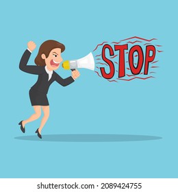 Businesswoman in suit shout with megaphone the word stop, Illustration vector cartoon