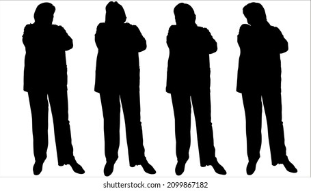 A businesswoman in a suit is standing, folded arms on his chest. Four black female silhouettes on a white background. One poses in the body, but the head looks in different directions. Side view.