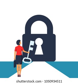 Businesswoman in suit standing in front of keyhole with key in hand. Solution to problem business concept. Female looks open opportunities. Male walking go to goal. Vector flat design.