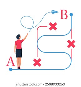 Empresária de terno em pé na frente de caminhos emaranhados. Linha de desenho complicada do ponto A ao ponto B na parede. Soluções de problemas de conceito. Design plano de ilustração vetorial. Isolado no plano de fundo.