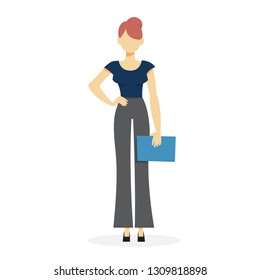 Businesswoman in suit standing. Office worker. Beautiful happy girl. Vector illustration in cartoon style